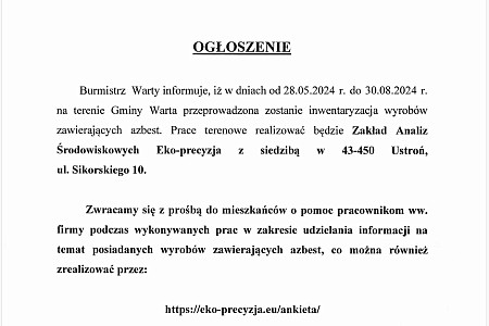 Inwentaryzacja wyrobów zawierających azbest 28.05-30.08.2024 r.