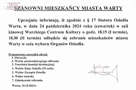 Informacja dla mieszkańców Warty w sprawie Rady Osiedla