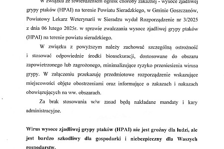 Kurenda w sprawie ptasiej grypy na terenie Powiatu Sieradzkiego