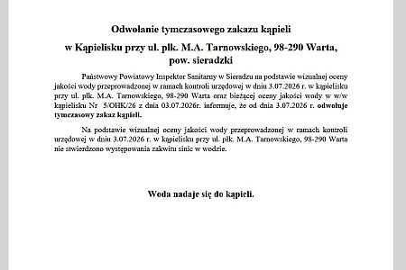 Odwołanie zakazu kąpieli w Kąpielisku Tarnowskiego